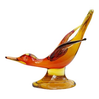Vintage Seguso Murano Sommerso Orange Red Italian Art Glass Flying Duck Bird Centerpiece Sculpture For Sale