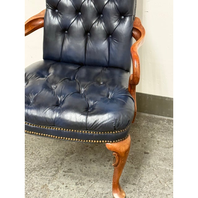 Late 20th Century Queen Anne Style Tufted Blue Leather Armchair, Vintage For Sale - Image 5 of 14