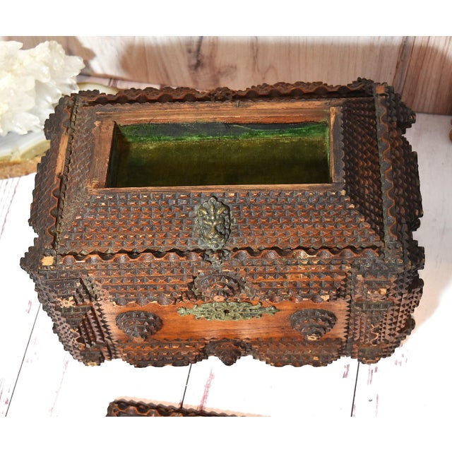 Antique Tramp Art Box With Velvet Interior and Mirror Secret Spot For Sale - Image 14 of 18