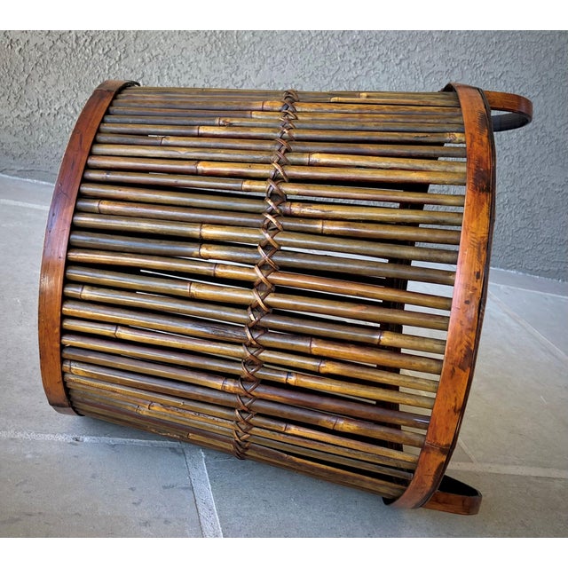 Mid 20th-Century Split Bamboo Tortoiseshell Planter Floor Basket With Ear Handles For Sale - Image 10 of 18