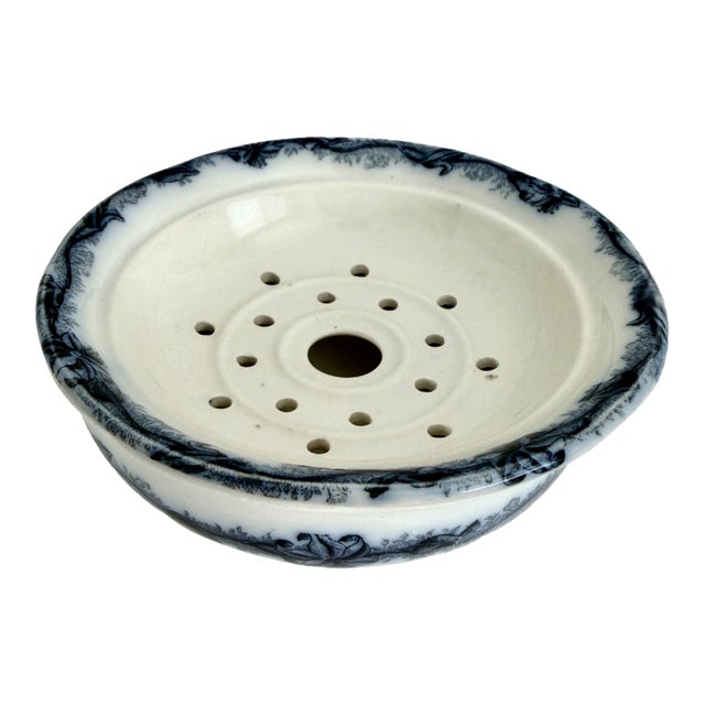 Antique 1900s Belgian Faience De Nimy Flow Blue Bowl W/ Strainer For Sale