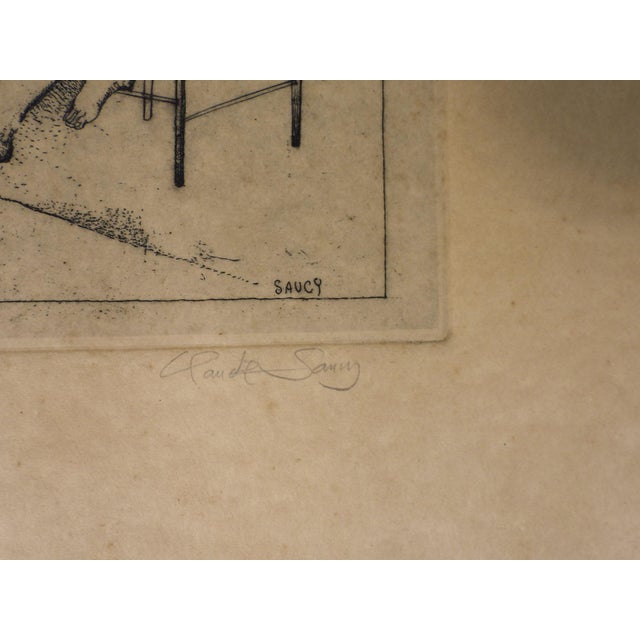 Early 20th century surreal etching on tan paper of female nude with deer and bunny by Claude Saucy (1929-1999)...