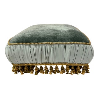 1990s Vintage Blue Silk Velvet Fringed Footstool For Sale