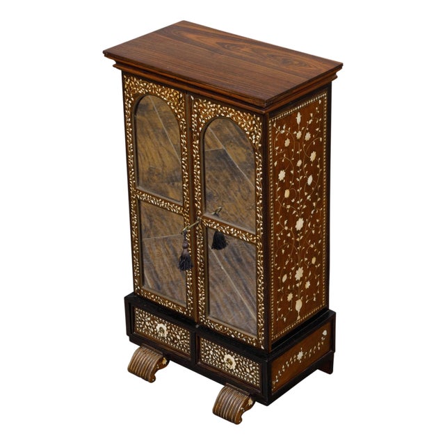 English 19th Century Miniature Cabinet with Scrollwork Inlay and Inner Drawers For Sale