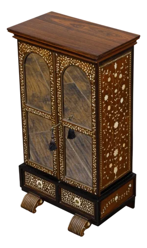 English 19th Century Miniature Cabinet with Scrollwork Inlay and Inner Drawers