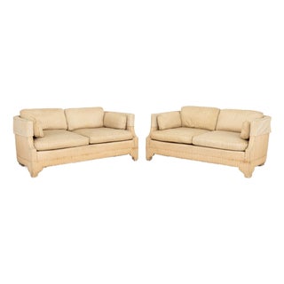 Pair of American Striped Pattern Fabric Upholstered Sofas For Sale