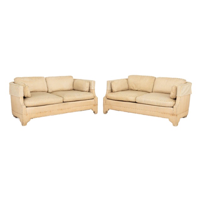 Pair of American Striped Pattern Fabric Upholstered Sofas For Sale