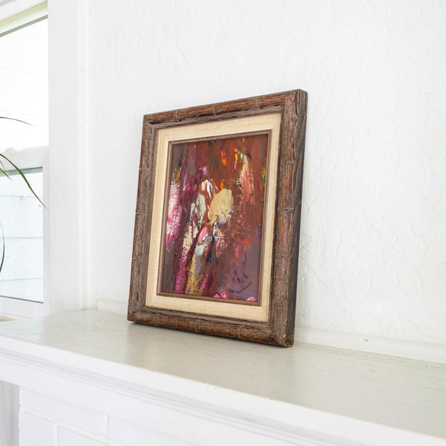 Contemporary Signed Purple Pink Mauve Abstract Polychrome Painting in Faux Bamboo Frame For Sale - Image 3 of 10