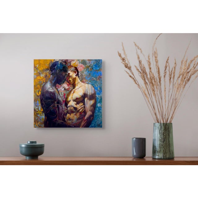 Heartstrings by Jon Wassom | Mixed Media on Panel depicting two figures embracing. For Sale - Image 4 of 5