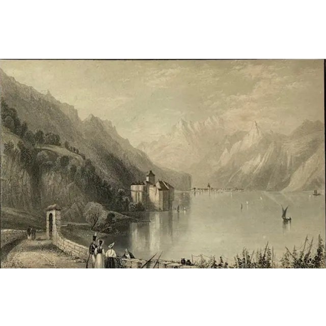 Rustic European Antique Original Print - Castle of Chillon, Lake Geneva Switzerland, Signed Wh Bartlett - 1836 For Sale - Image 3 of 7
