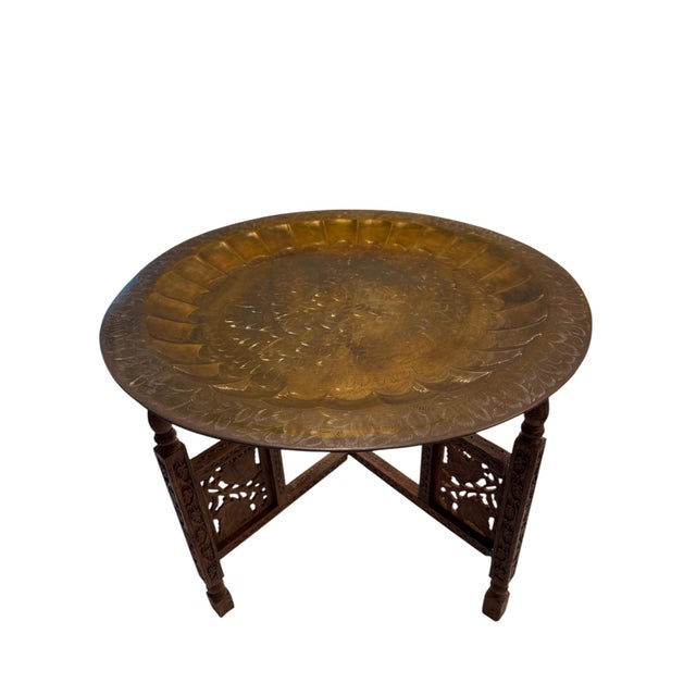 Wood Mid 20th Century Vintage Sarna Indian Embossed Brass Collapsable Tray Table For Sale - Image 7 of 17