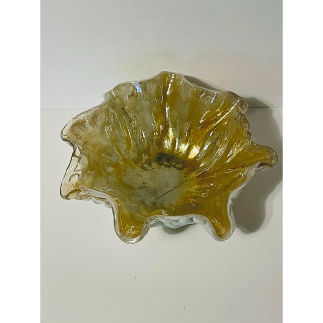 Mid 20th Century Large Mid-Century Italian Murano Art Glass Centerpiece Bowl – Golden Iridescent & Lattimo Cobblestone For Sale - Image 5 of 7