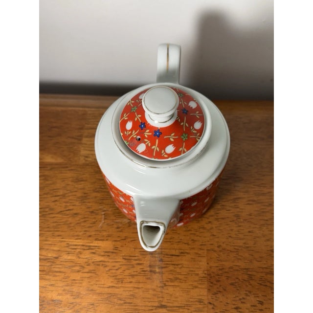 Vintage Floral Teapot Red White Porcelain | Mid Century Style Tea Pot For Sale - Image 9 of 14