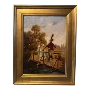 Early 20th Century Antique Victorian Gilt Framed Genre Scene Oil Painting on Canvas Couple Bridge