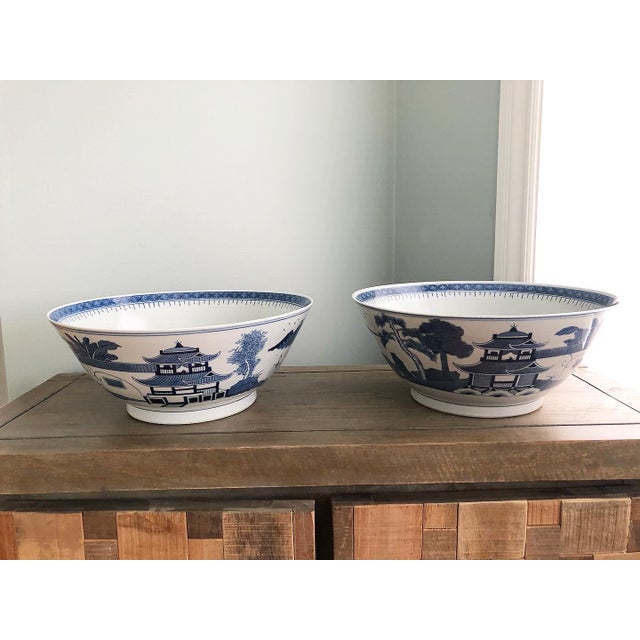 Large Vintage Chinoiserie Blue and White Bowls a Pair For Sale - Image 11 of 12