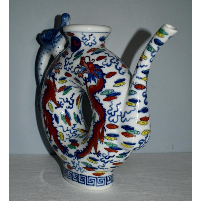 Vintage Chinese Blue & White Dragon Phoenix Donut Hole Pitcher/Teapot For Sale In Philadelphia - Image 6 of 12