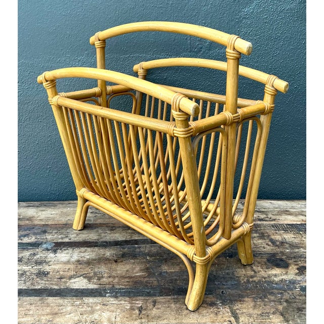 Vintage Coastal Rattan Newspaper Rack For Sale - Image 10 of 12