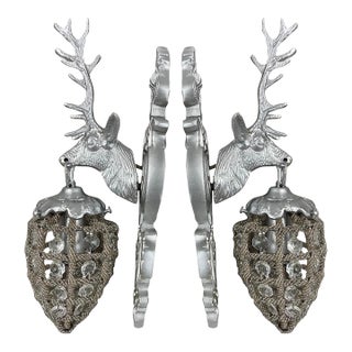Late 20th Century French Louis XVI Silver Bronze Deer Wall Lamps/Sconces-Pair For Sale
