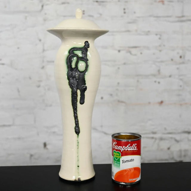 Vintage White & Black W/Green Accent Ceramic Lidded Vessel Signed Pritchard Spring 75 For Sale - Image 10 of 13