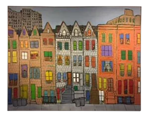1970s Modern Cityscape Painting of Homes and Buildings in the Manner of James Rizzi