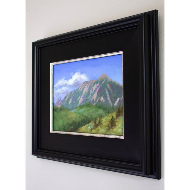 Impressionist Flatirons by Kirsten Savage | Oil on panel Painting of rocky mountains under a blue sky For Sale - Image 3 of 5