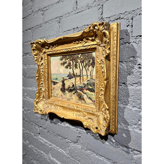 Sky Blue Jules Eugène Pages -Women and Child Along the Brittany Coast—Impressionist Oil Painting For Sale - Image 8 of 10