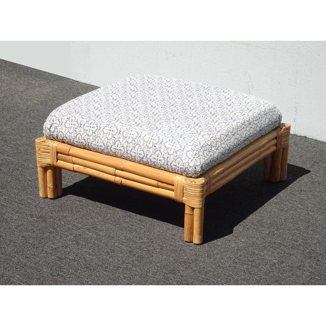 French Country Large Vintage French Country Coastal Bamboo Rattan Ottoman Foot Stool For Sale - Image 3 of 17