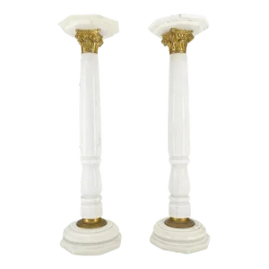 Brass & Turned White Marble Bases Octagonal Tops Columns Pedestals - A Pair