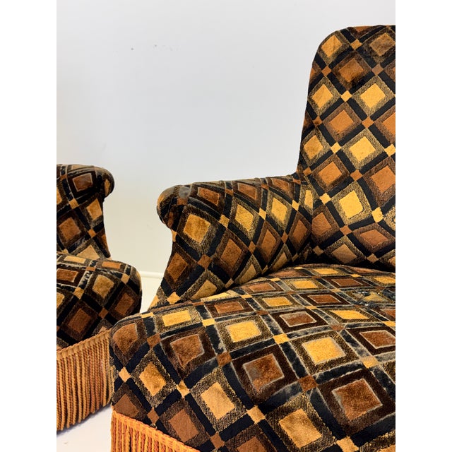 Pair of French Art Deco His & Hers Armchairs in Geometric Velvet, Circa 1930s For Sale - Image 9 of 17
