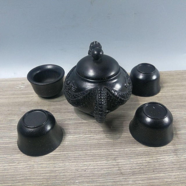 Late 19th Century Carved Faux Horn Dragon Teapot Set With Four Cups - 5 pcs with Box For Sale In Los Angeles - Image 6 of 11