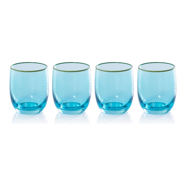 Contemporary Sicilian 4-Piece Swirl Glass Tumbler Set, Sea Blue with Green Lip Wrap For Sale - Image 3 of 3