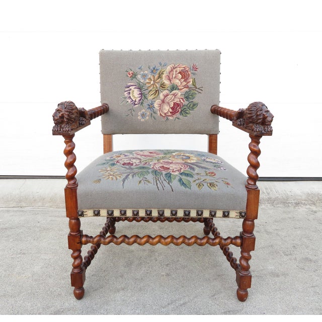 Wonderful antique barley twist hall or library side chair, with wood carved reclining lions on the arms. Pale blue...