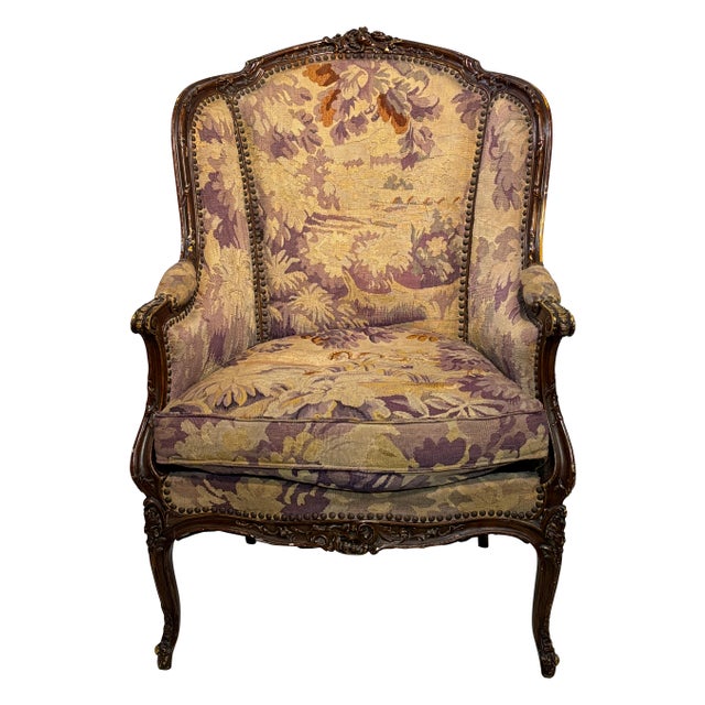 French Bergere Chair With 19th Century Tapestry Upholstery, French 1920's For Sale - Image 4 of 7