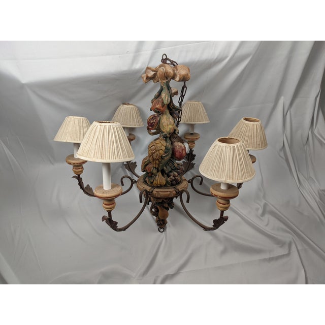 Vintage Italianate Polychrome Carved Wood Fruit & Iron 6-Light Chandelier For Sale - Image 4 of 15