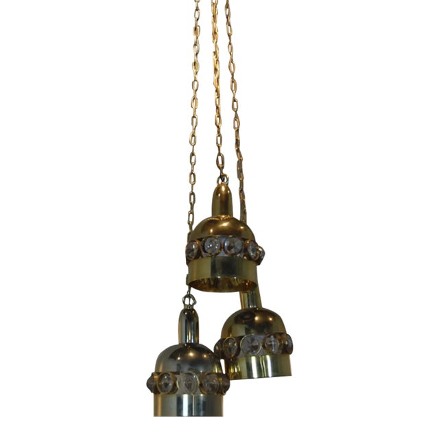 Finnish Brass & Crystal Triple-Light Ceiling Lamp, 1960s For Sale