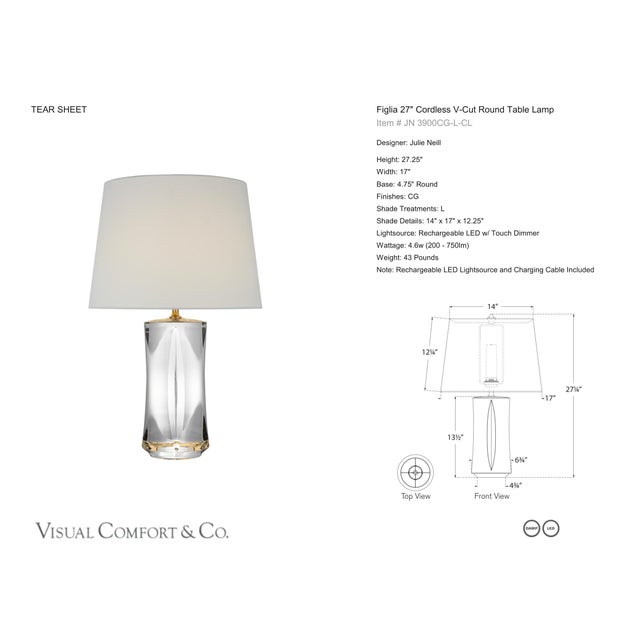 Julie Neill by Visual Comfort Signature Figlia 27" Cordless V-Cut Round Table Lamp in Crystal with Linen Shade Designer:...