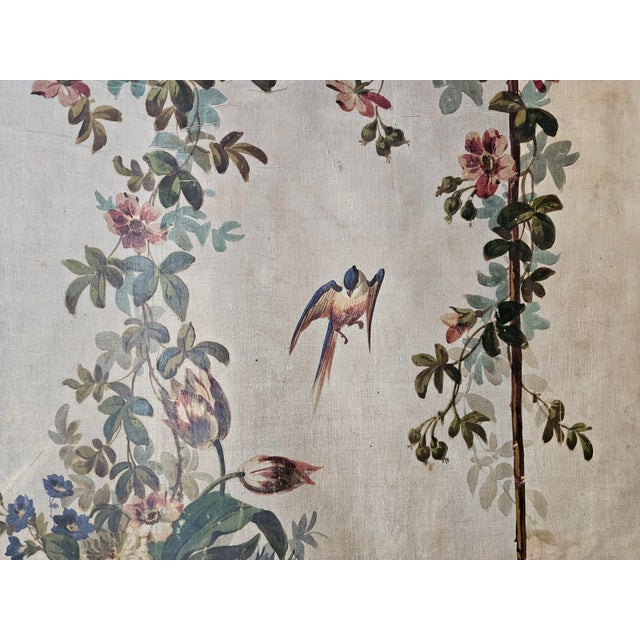 Decorative Window Panel in Fabric with Gouache Print of Garden Motif with Birds and Flowers, 1890s For Sale - Image 5 of 11