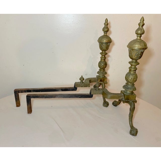 Pair Antique Ornate Victorian Solid Bronze Cast Iron Claw Fireplace Andirons Set For Sale - Image 10 of 11
