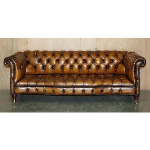 Vintage Hand-Dyed Brown Leather Serpentine Chesterfield Sofa For Sale - Image 3 of 18