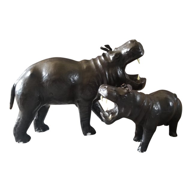1970s Vintage Leather Clad Yawning Hippo Figurines A Pair Chairish Vintage hippo leather sculpture, genuine hippopotamus skin animal figurine. 1970s vintage leather clad yawning hippo figurines a pair