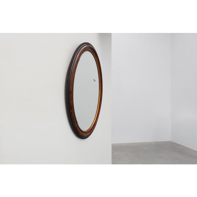 Oval Wall Mirror with Walnut-Toned Frame and Gilt Inner Edge from Deknudt, Belgium, 1950s For Sale - Image 3 of 12