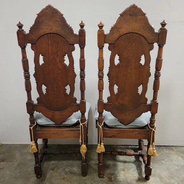 19th C English Jacobean English Carved Oak Hall Chairs - a Pair For Sale - Image 4 of 11