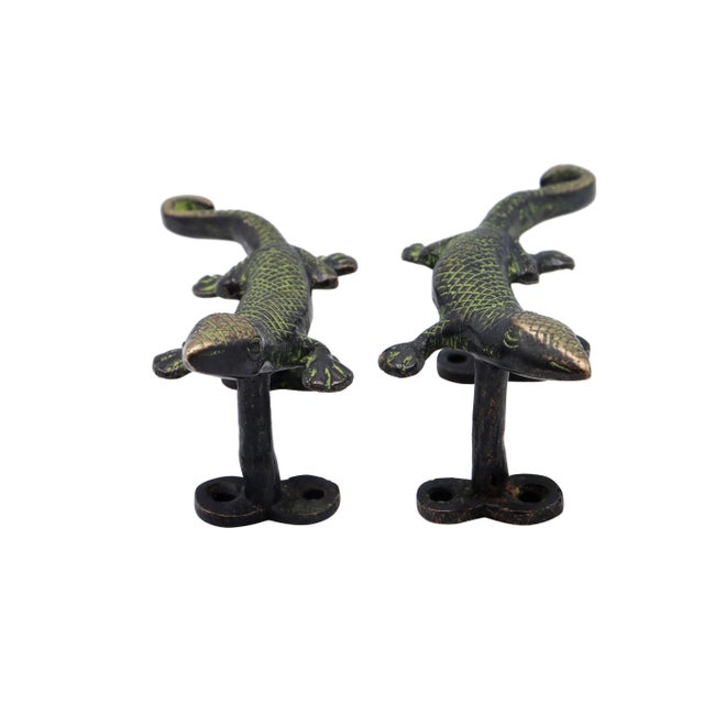 Rustic Green Brass Lizard Door Handles - A Pair For Sale - Image 3 of 3