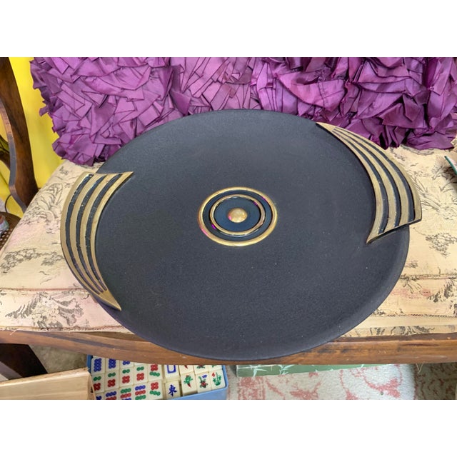 Metal 1950s Art Deco Style Black Charger With Gold Trim – Vintage Centerpiece For Sale - Image 7 of 7