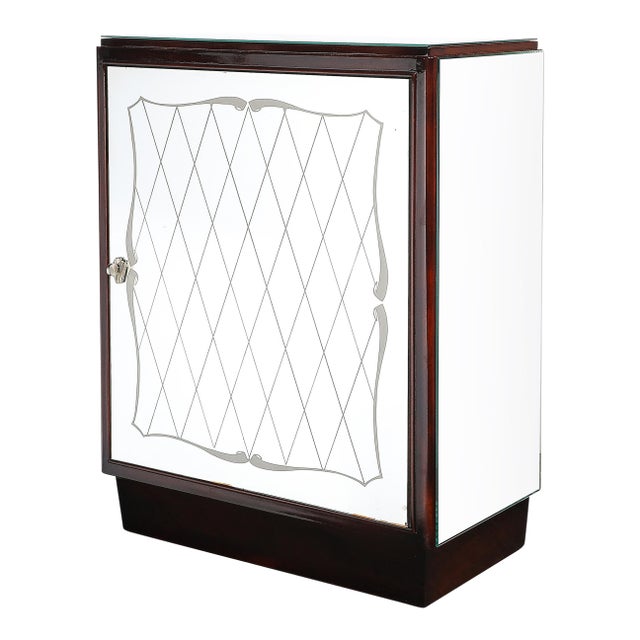 Art Deco Directoire Style Walnut, Mirrored & Reverse Etched Detail Bar Cabinet For Sale