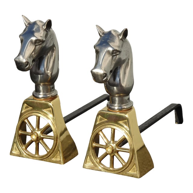 Gold Brass and Silver Cast Iron Horse Equestrian Andirons - a Pair For Sale