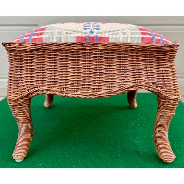 Coastal Vintage Wicker Footstool With Needlepoint Top For Sale - Image 3 of 10