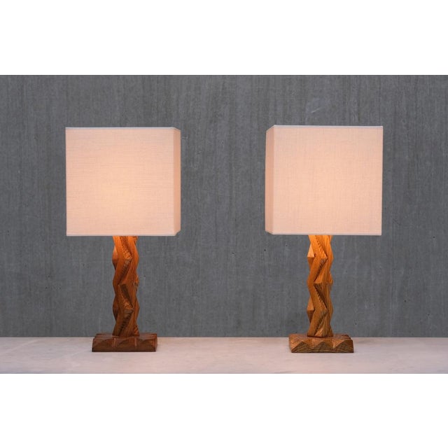 French Art Deco Geometric Oak Table Lamp with Linen Shade, Late 1930s For Sale - Image 13 of 14
