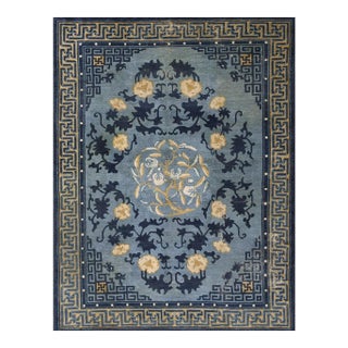 Antique 1880s Blue Classic Greek Key Chinese Peking Knotted Wool Small Rug For Sale