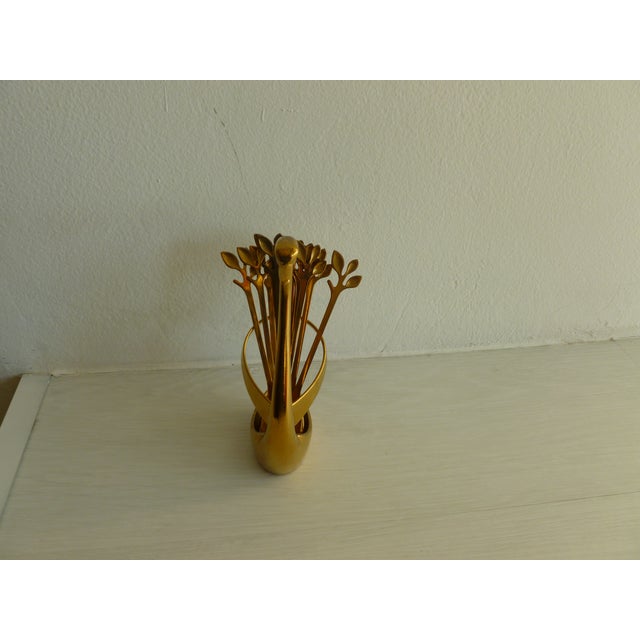 Vintage 1970's Brass Plated Metal Swan Vessel Bowl With !0 Serving Spoons For Sale - Image 17 of 17
